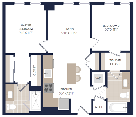 Floor plan for 2 beds, 2 baths